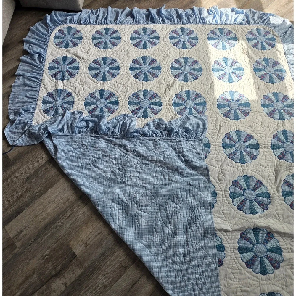Vintage Handmade Blue Dresden Plate Quilt Ruffled Gingham Patchwork Bedspread